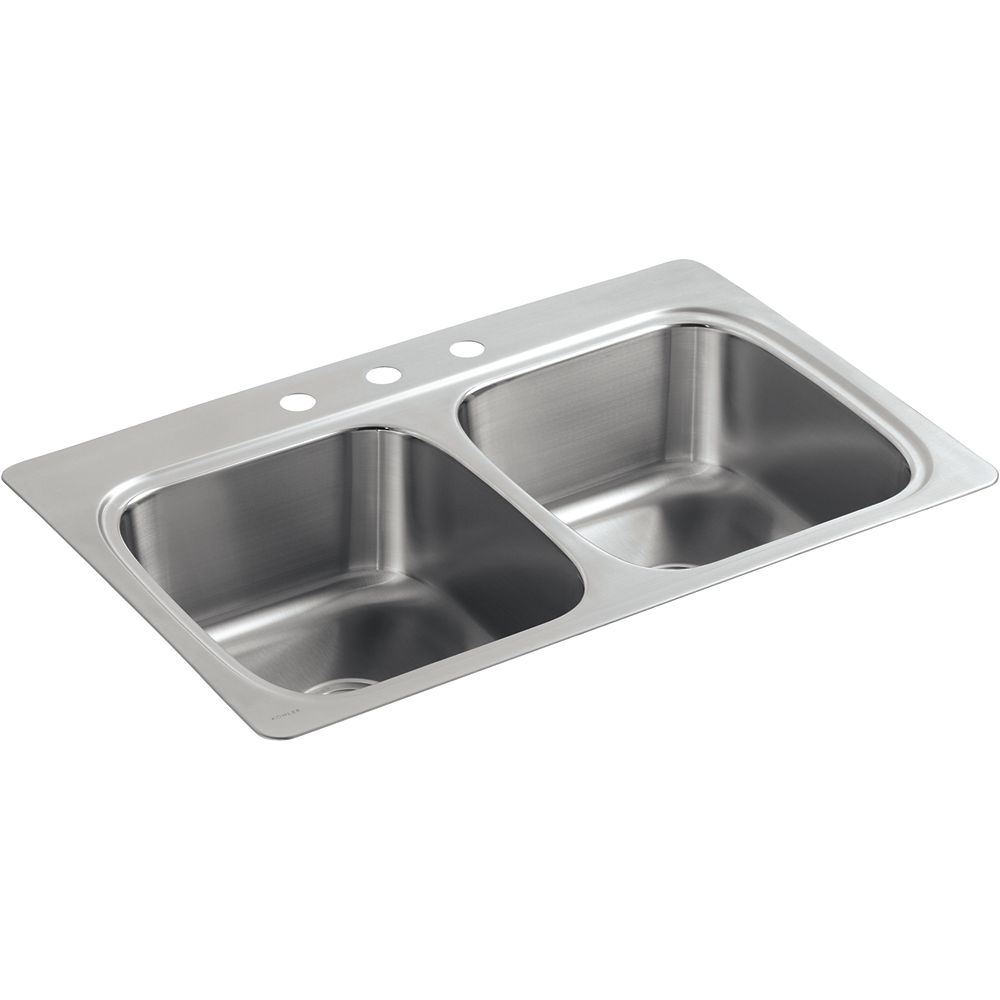 Kohler 33 X 22 X 9 1 4 Top Mount Double Equal Bowl Kitchen Sink With 3 Faucet Holes The Home Depot Canada