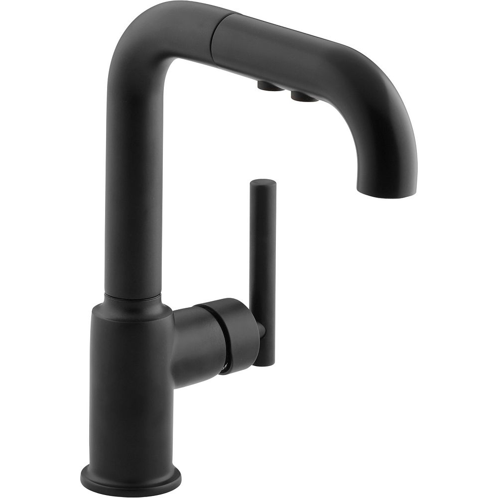 Kohler Single Hole Kitchen Sink Faucet With 7 Inch Pullout Spout Matte Black The Home Depot 