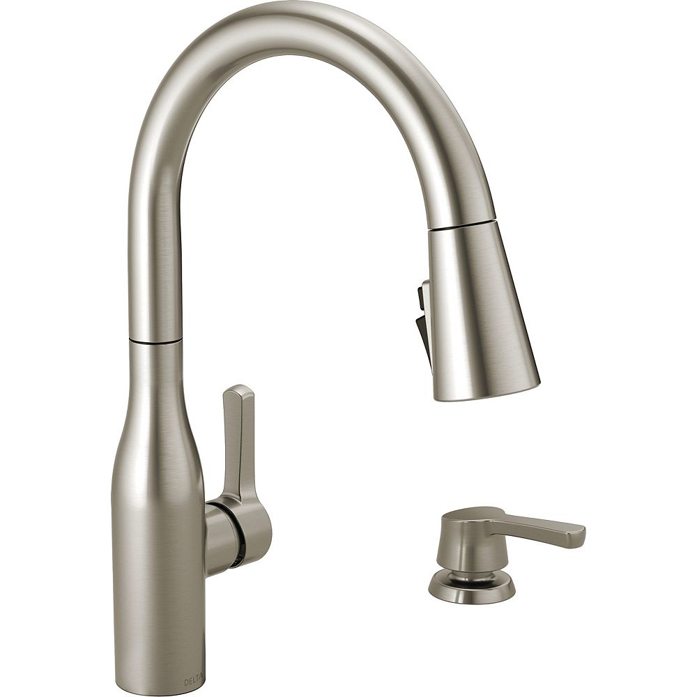 Delta Marca Single Handle Pull Down Kitchen Faucet With Shieldspray Technology In Spotshie The Home Depot Canada