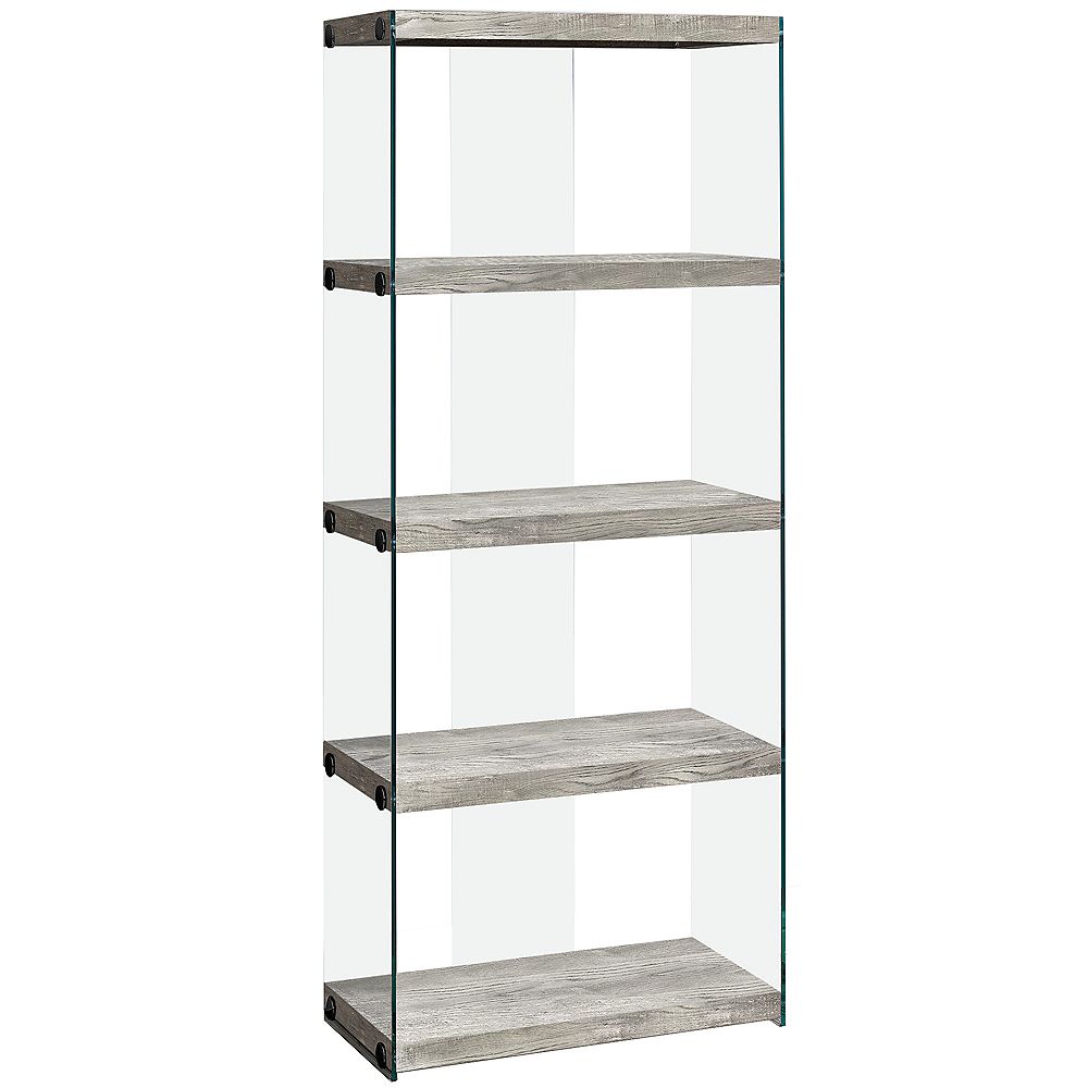 Grey Reclaimed Wood Look Glass Panels, Monarch Glass Bookcase