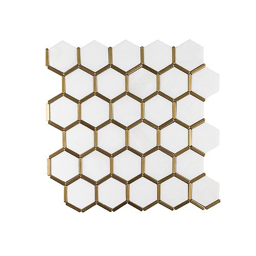 Jeffrey Court Karats White Honeycomb 10.625-inch x 11.125-inch x 8mm Natural Stone/Metal Mosaic Floor and Wall Tile