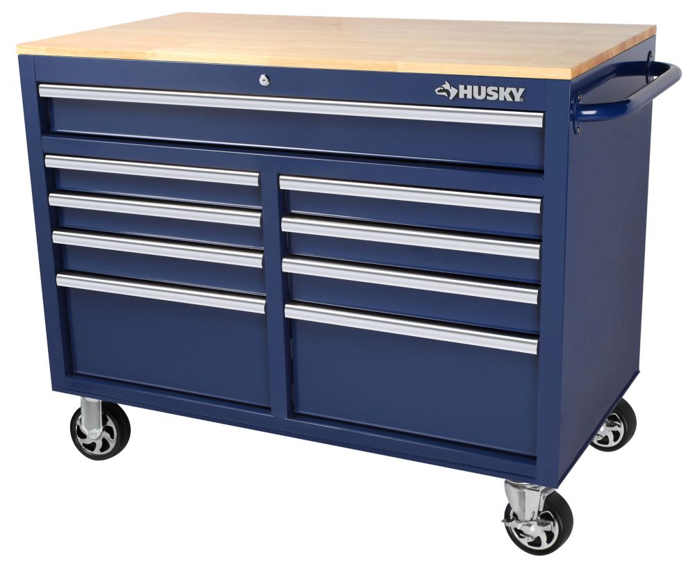 Husky 46 Inch 9-Drawer Mobile Workbench With Solid Wood Top In Blue ...