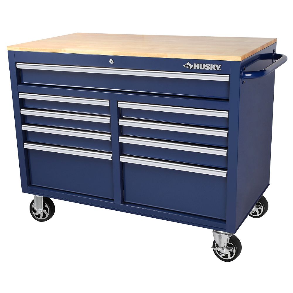 Husky 46 inch 9Drawer Mobile Workbench with Solid Wood Top in Blue