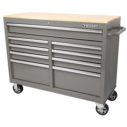 HUSKY 46 inch 9-Drawer Mobile Workbench with Solid Wood Top in Blue ...