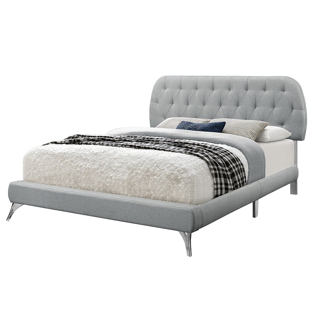 Monarch Specialties Bed Queen Size / Grey Linen With Chrome Legs
