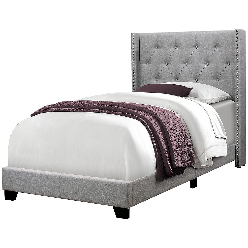 Monarch Specialties Bed Twin Size, Grey Linen Headboard