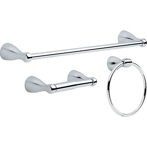 Foundations 3-Piece Bathroom Hardware Set in Chrome with Towel Ring, Toilet Paper Holder and 18-inch Towel Bar