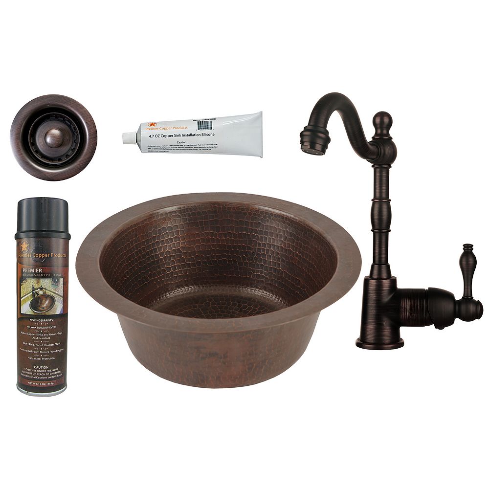 Premier Copper Products AllinOne 12 inch Round Copper Bar Sink in Oil