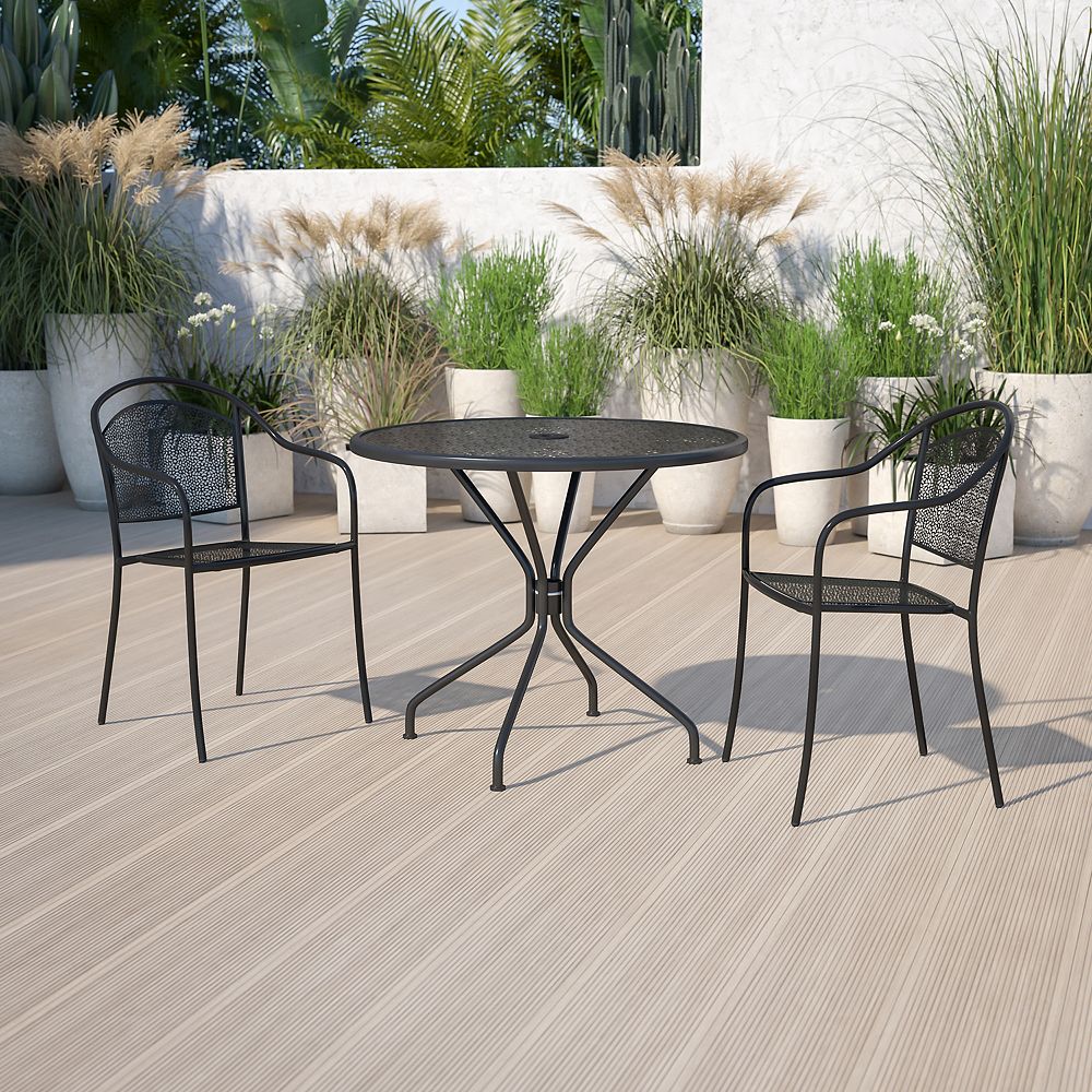 Flash Furniture 35 25 Round Black Indoor Outdoor Steel Patio Table The Home Depot Canada Flash Furniture 35 25 Round Black, Round Patio Table With Umbrella Hole Canada