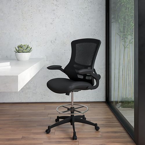 Mid-Back Black Mesh Drafting Chair with Adjustable Foot Ring and Flip-Up Arms