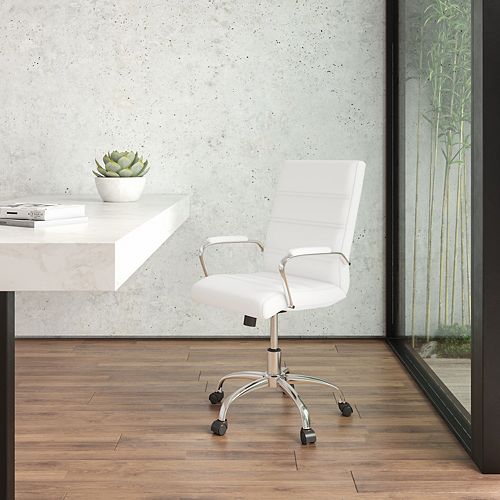 Mid-Back White Leather Executive Swivel Chair with Chrome Base and Arms