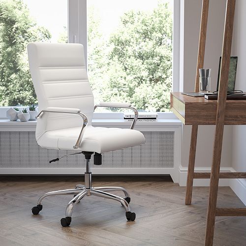 High Back White Leather Executive Swivel Chair with Chrome Base and Arms