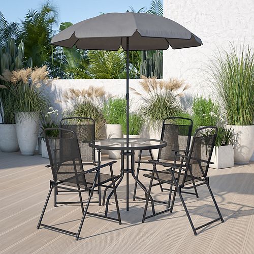 Flash Furniture Nantucket 6 Piece Black Patio Garden Set with Table, Umbrella and 4 Folding Chairs