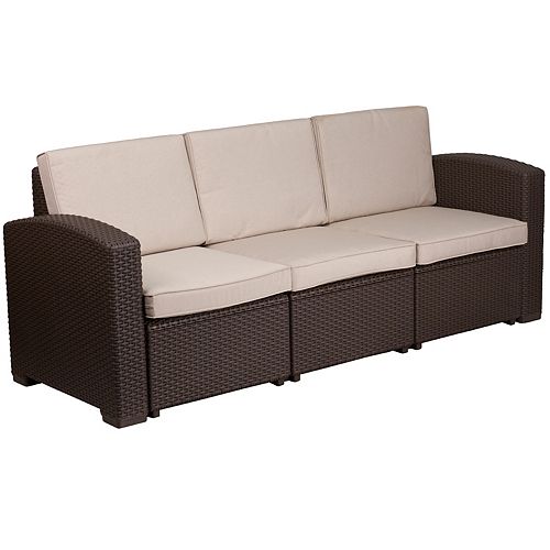 Flash Furniture Chocolate Brown Faux Rattan Sofa with All-Weather Beige Cushions