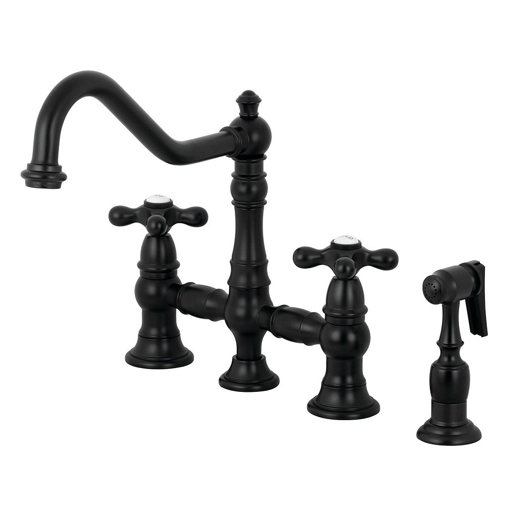 Kingston Brass Restoration 2 Handle Bridge Kitchen Faucet With Side Sprayer In Matte Black The Home Depot Canada