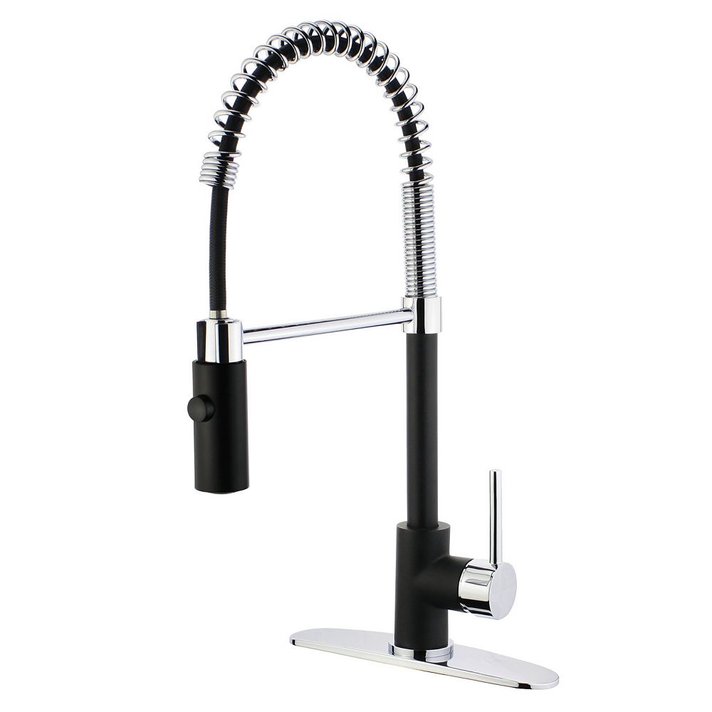 Kingston Brass Single Handle Pull Down Sprayer Kitchen Faucet In Black And Chrome The Home Depot Canada