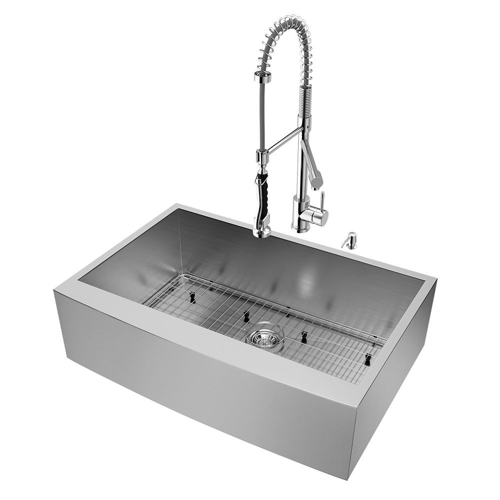 Vigo All In One 33 In Camden Stainless Steel Farmhouse Kitchen Sink With Pull Down Faucet The Home Depot Canada