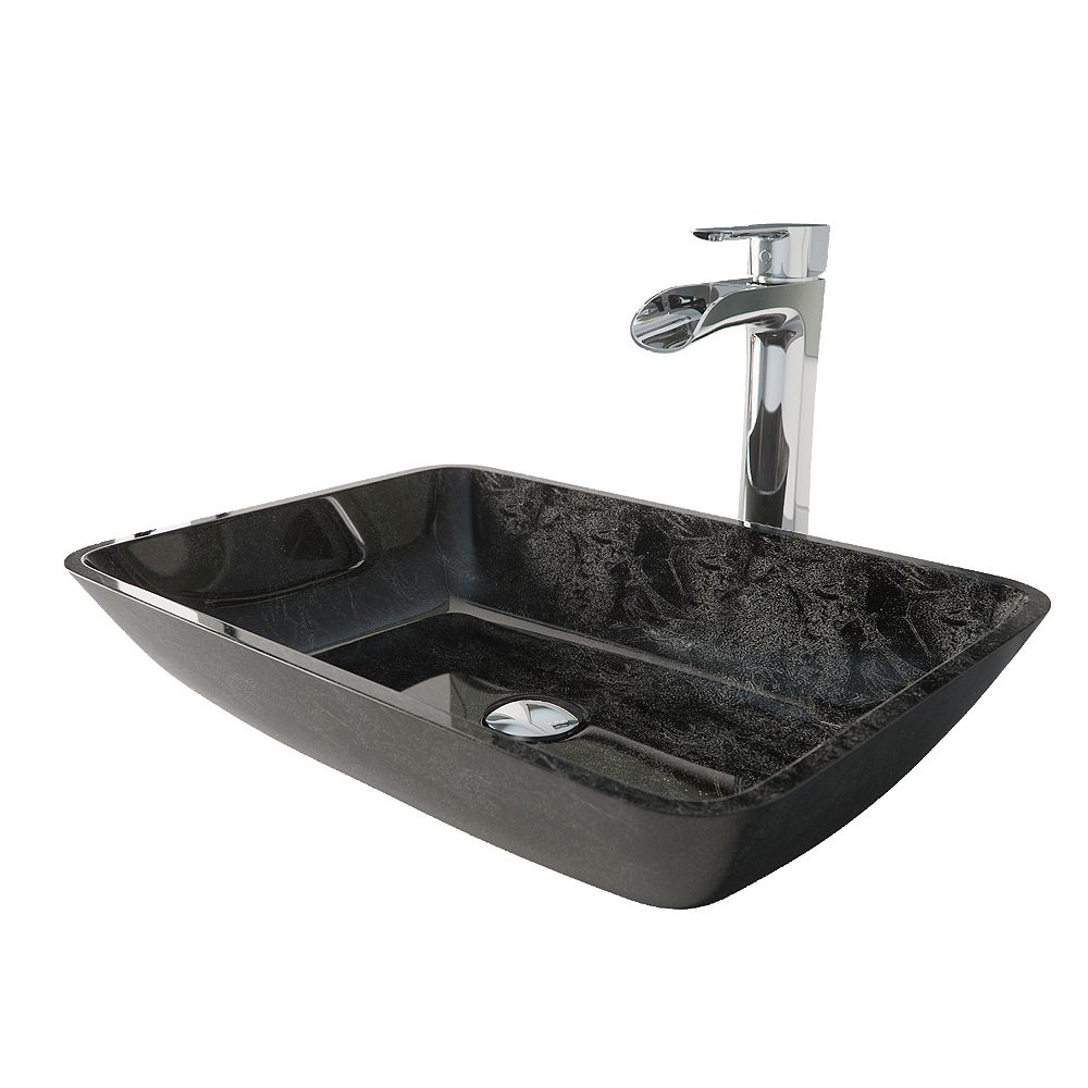 VIGO Glass Rectangular Vessel Bathroom Sink in Onyx Gray with Niko