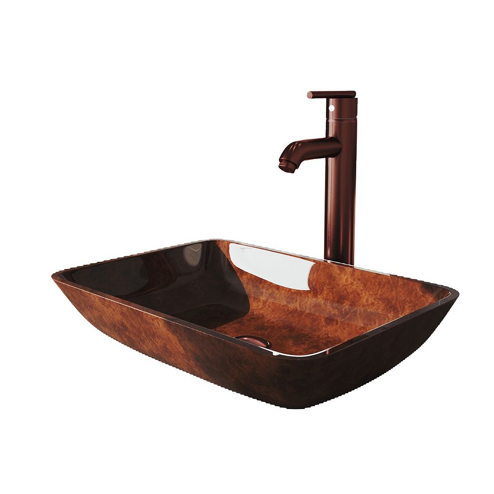 Vigo 18 Rectangular Russet Glass Bathroom Sink Set With Seville Vessel Faucet In Oil Rubb The Home Depot Canada