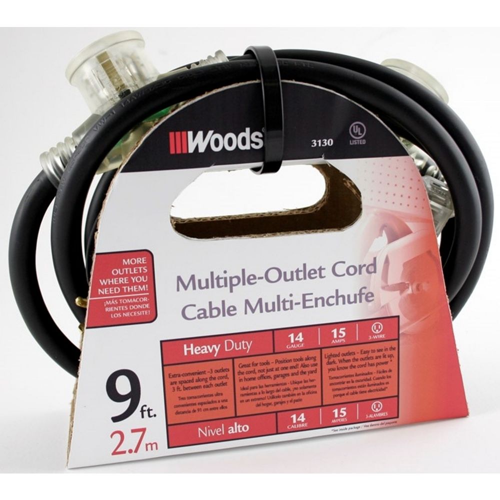 Woods Multiple Outlet Cord with Lighted Outlets 9 ft. 14/3 STW The