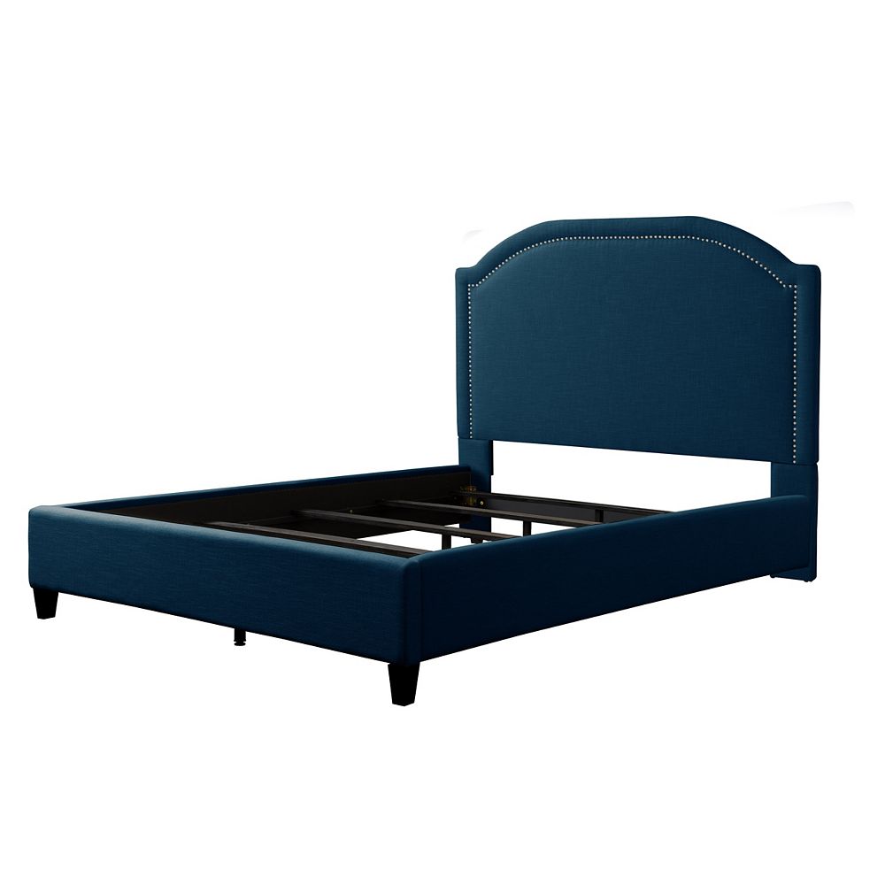 Navy Blue Fabric Double Bed Frame, Tall Single Bed Frame