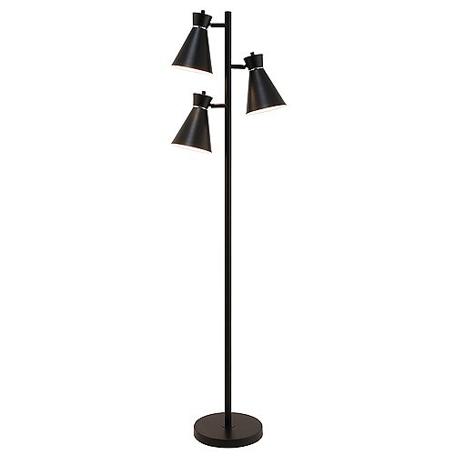 3-Light Matte Black Floor Lamp with Chrome Accents