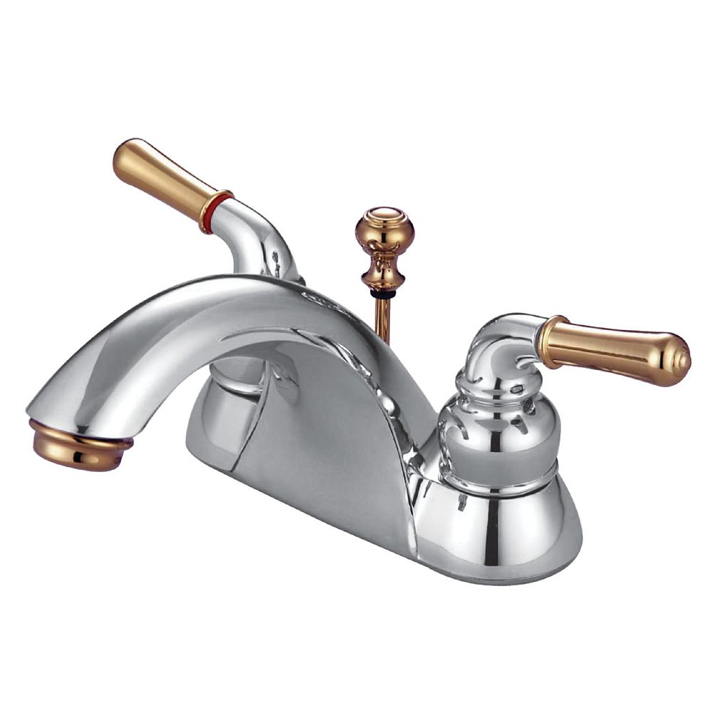Kingston Brass 4 In Centerset 2 Handle Bathroom Faucet In Chrome And Polished Brass The Home Depot Canada