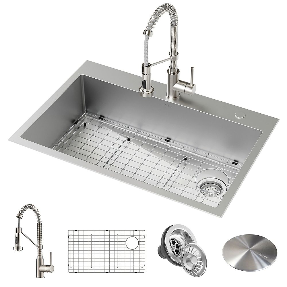 Kraus Loften All In One Dual Mount Stainless Steel 33 In Single Bowl Kitchen Sink With Pu The Home Depot Canada