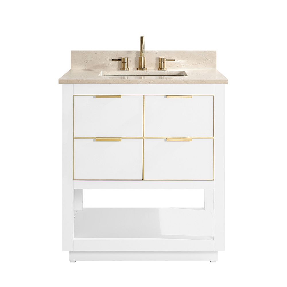 Avanity Allie 31 Inch Vanity Combo In White With Gold Trim And Crema Marfil Marble Top The Home Depot Canada