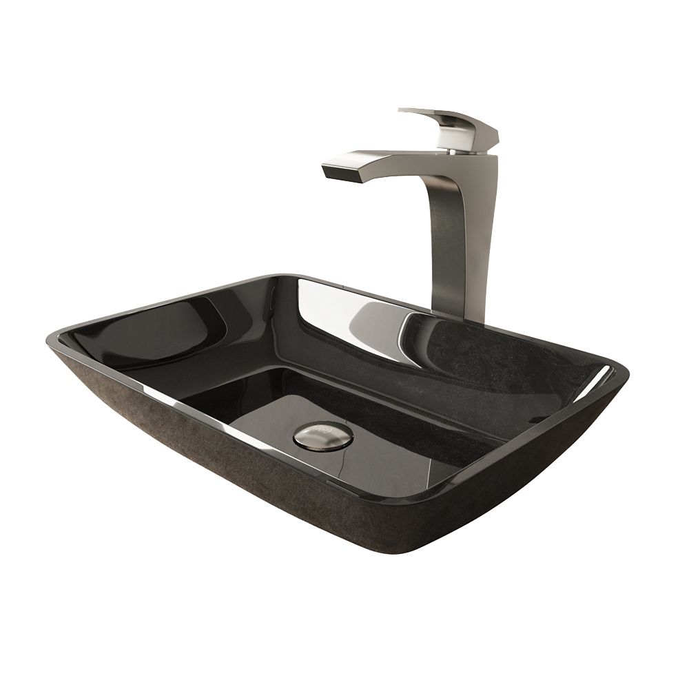 VIGO Glass Rectangular Vessel Bathroom Sink in Onyx Gray with