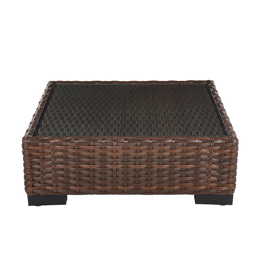 Hampton Bay Commercial Dark Brown, Outdoor Rattan Coffee Table With Glass Top