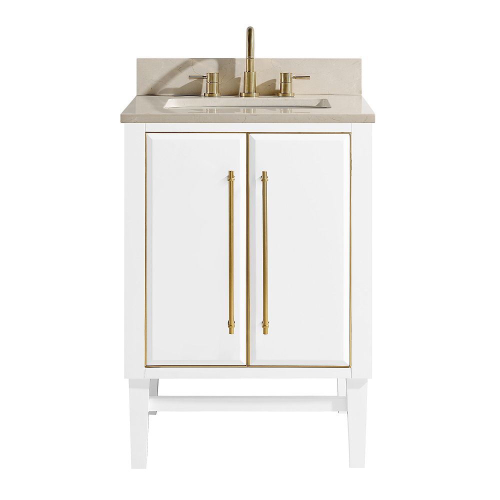 Avanity Mason 25 inch Vanity Combo in White with Gold Trim and Crema Marfil Marble Top The