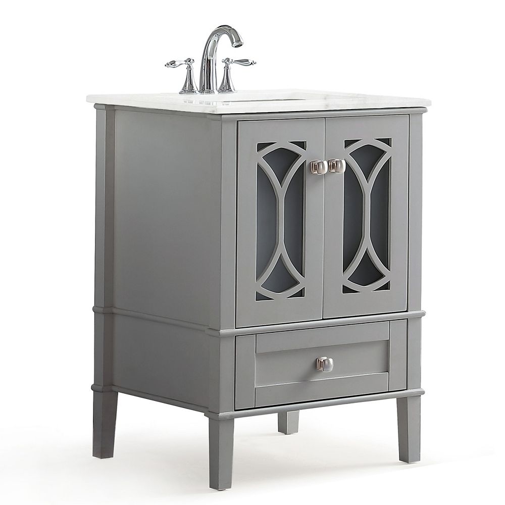 Simpli Home Paige 24 inch Contemporary Bath Vanity in Warm Grey with White Engineered Quar