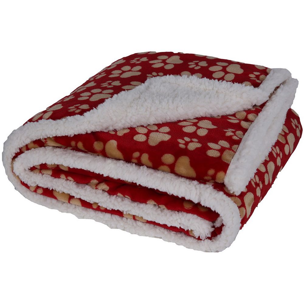 Long Rich Soft Flannel Paw Print Revers To Ultra Soft Sherpa Throw, Red 