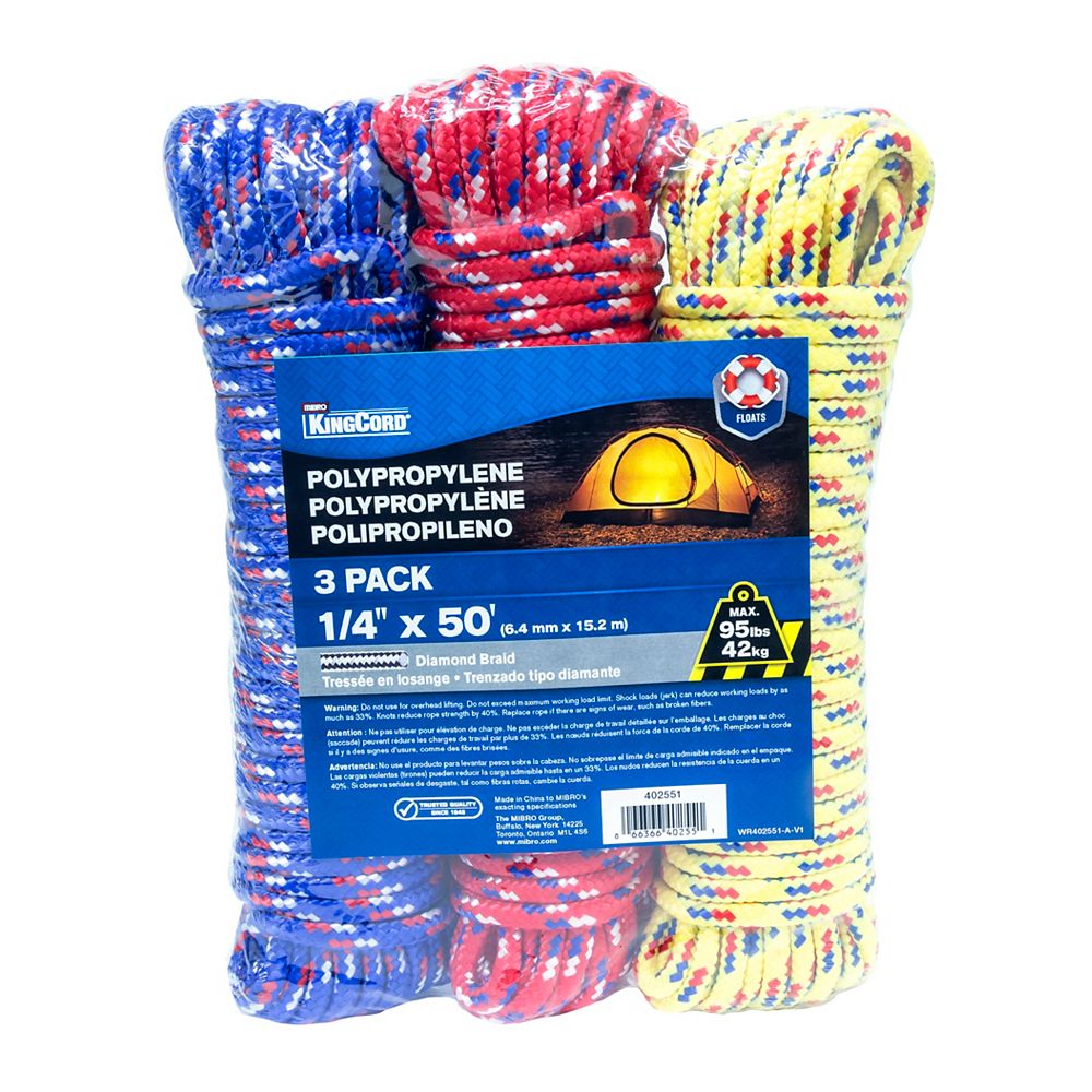 KingCord 1/4 in. x 50 ft. Polypropylene Diamond Braid Rope, Assorted