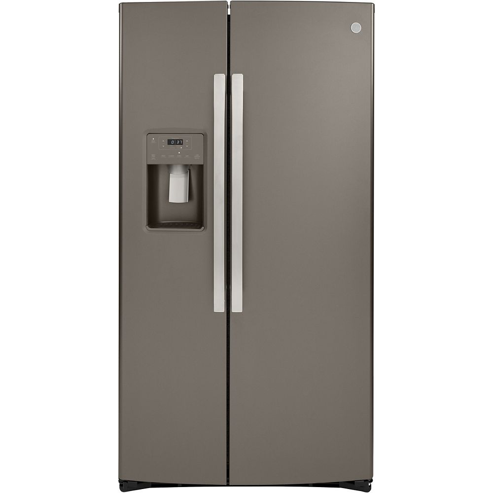 Ge 21 8 Cu Ft Side By Side Refrigerator Counter Depth And Fingerprint Resistant In Slat The Home Depot Canada