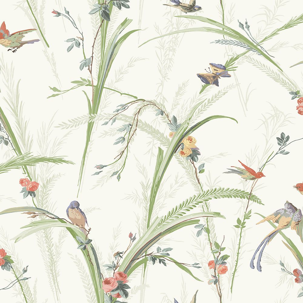 Chesapeake Meadowlark Light Green Botanical Wallpaper 