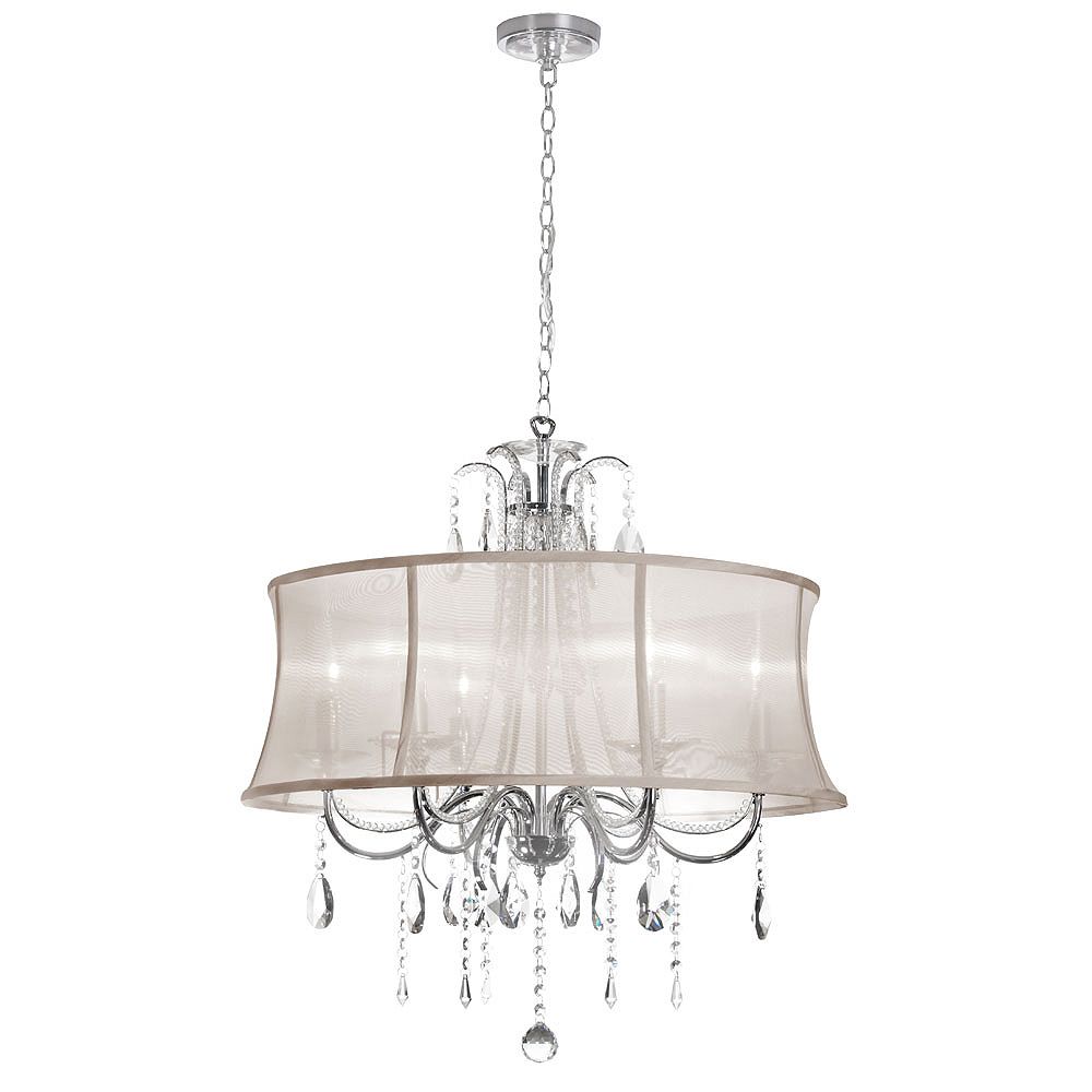 Dainolite 6 Light Crystal Chandelier, Polished Chrome, Oyster Organza Bell Shade The Home