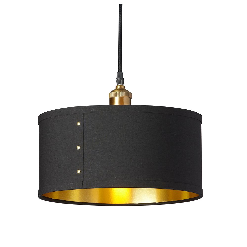 Dainolite 1 Light Pendant, Drum Shade with Brass Rivets, Vintage Steel Finish, Black on Go ...