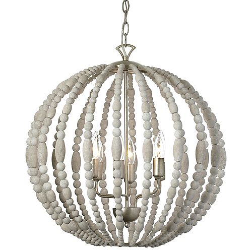 6 Light Chandelier White Washed Wood with Palladium Gold Trim