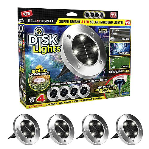 Solar Powered Silver Stainless Steel Outdoor Integrated LED Path Disk Lights (Set of 4)