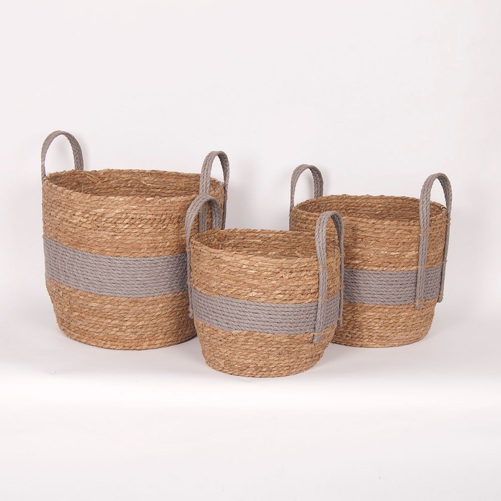 Wicker Bay Set of 3 Grey Handles Straw Baskets The Home Depot Canada