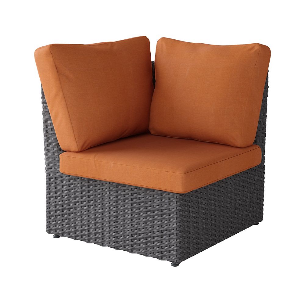 Corliving Weather Resistant Resin Wicker Corner Patio Chair, Distressed Charcoal Grey with