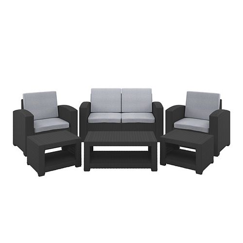 Corliving 6pc All-Weather Black Conversation Set with Light Grey Cushions