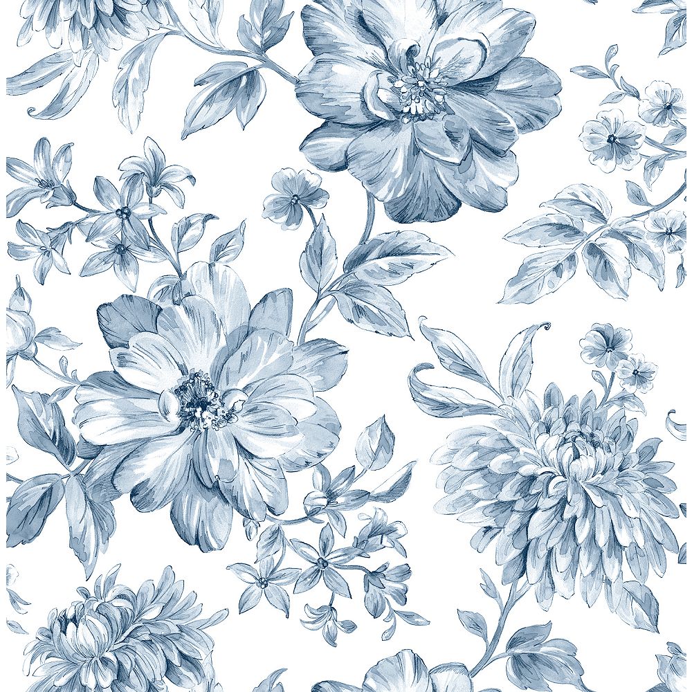 Country Floral Wallpaper With A White Background Brewster Home Fashions Gabriela Blue Floral Wallpaper | The Home Depot