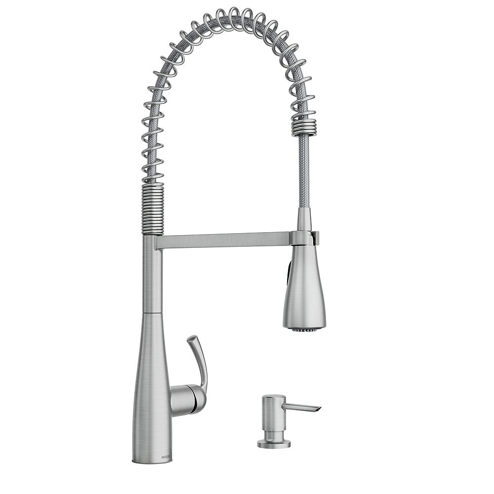 Moen Essie Single Handle Pre Rinse Spring Pulldown Kitchen Faucet In Spot Resist Stainless The Home Depot Canada