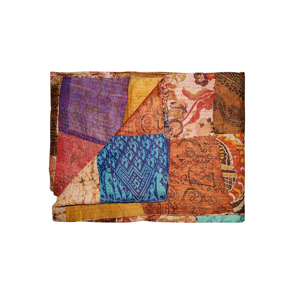 Taj Hotel Kantha Orange Blue Cream Silk Throw Blanket The Home Depot Canada