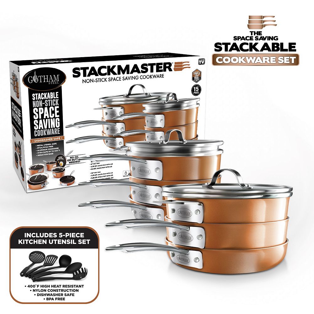 Gotham Steel Cast Texture Coating Space Saving Stackmaster 15 Piece Cookware Set With Glas The Home Depot Canada