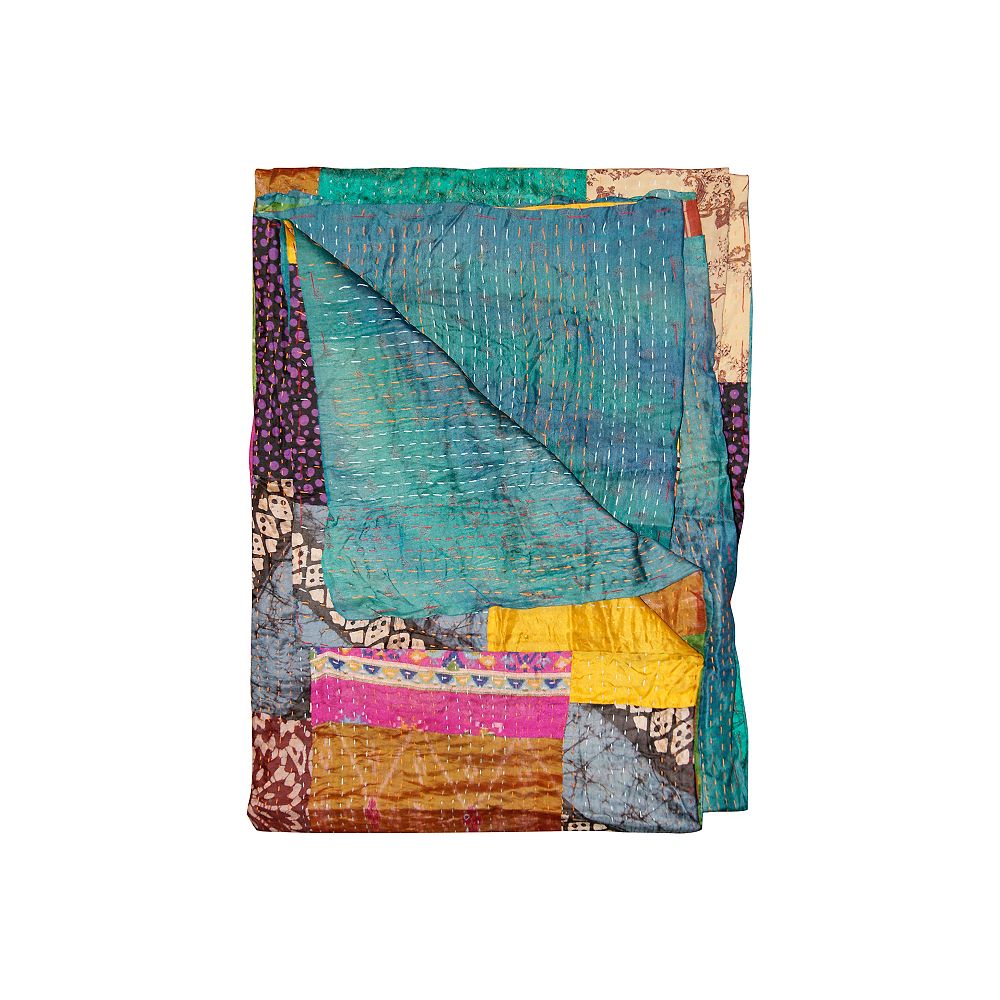 Taj Hotel Kantha Teal Yellow Pink Silk Throw Blanket The Home Depot Canada