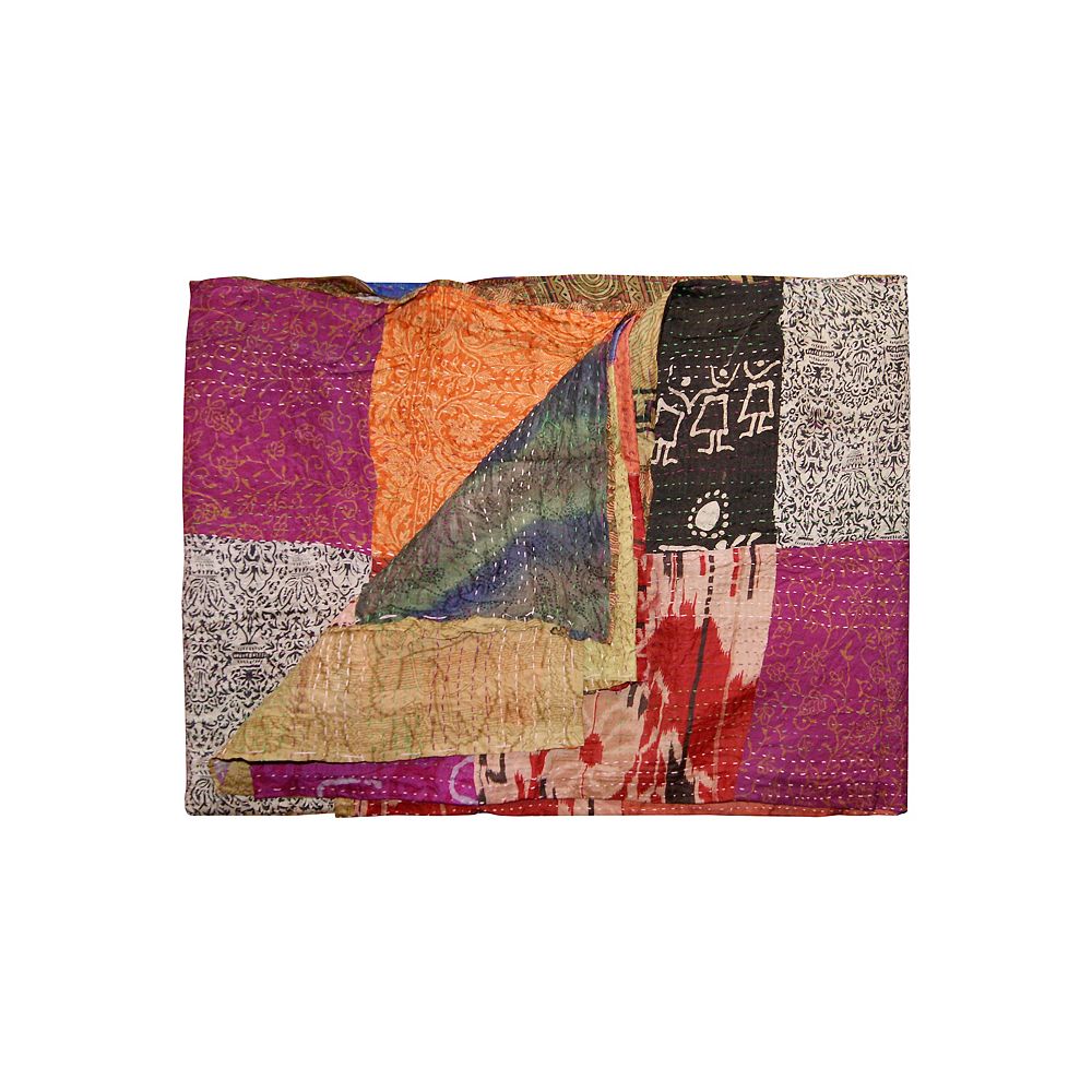 Taj Hotel Kantha Magenta Orange Brown Silk Throw Blanket The Home Depot Canada